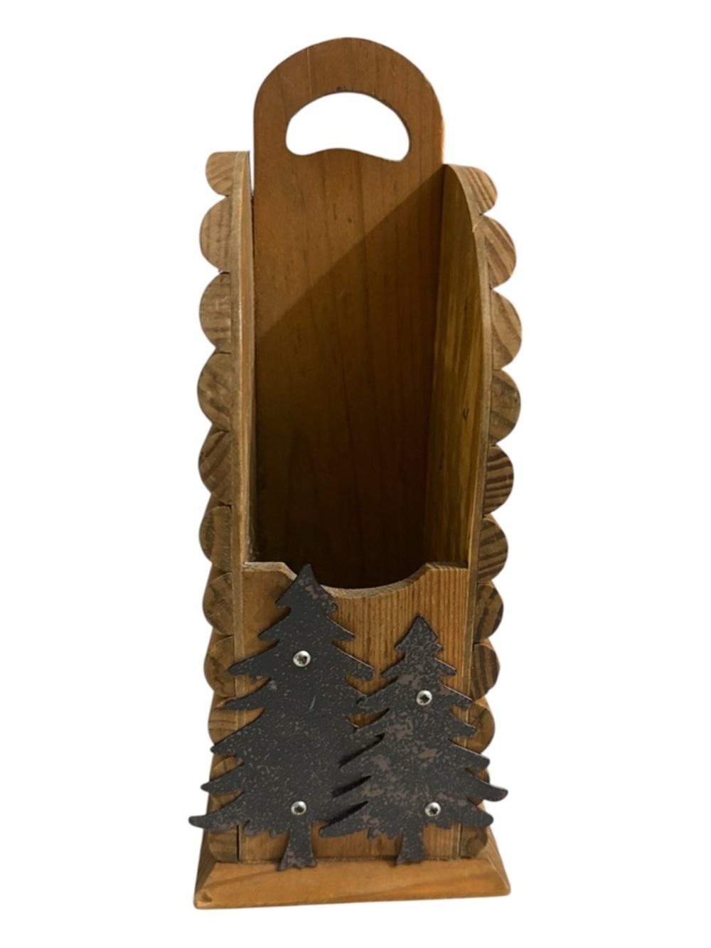 Wooden Slotted Utensil /Stationery Holder with Metal Tree Accent - Brown